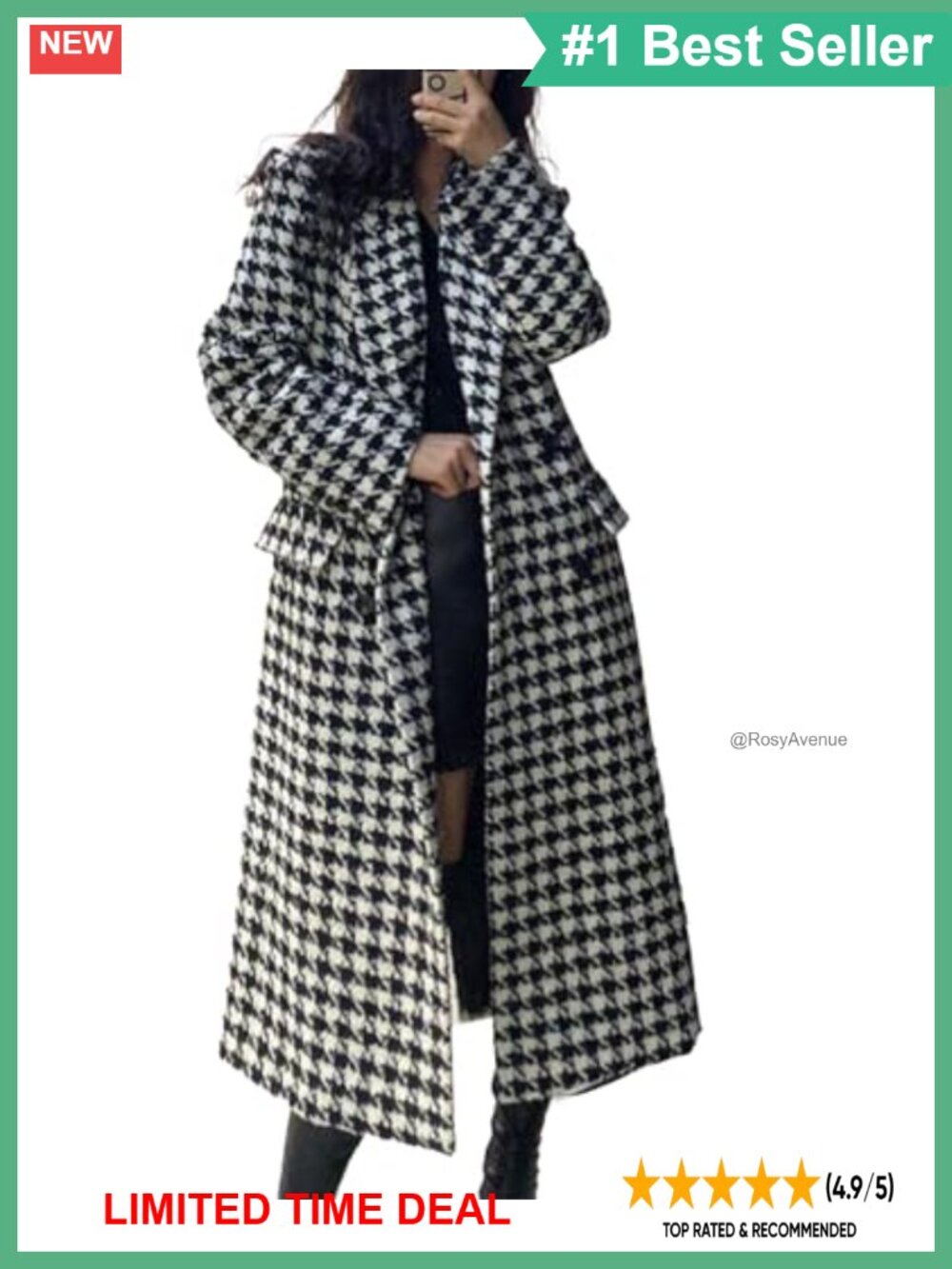 Houndstooth Trench Coat Long Double Breasted Pea Coat Quilted Lined
